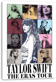 Taylor Swift canvas wall art print displays nine tinted portraits in a grid with bold black The Eras Tour lettering.