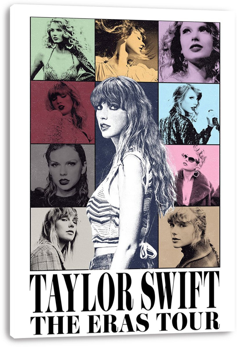 Taylor Swift canvas wall art print displays nine tinted portraits in a grid with bold black The Eras Tour lettering.