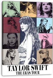 Taylor Swift canvas wall art print featuring a nine-panel portrait collage in mint, gold, purple, red, blue, pink, and beige.