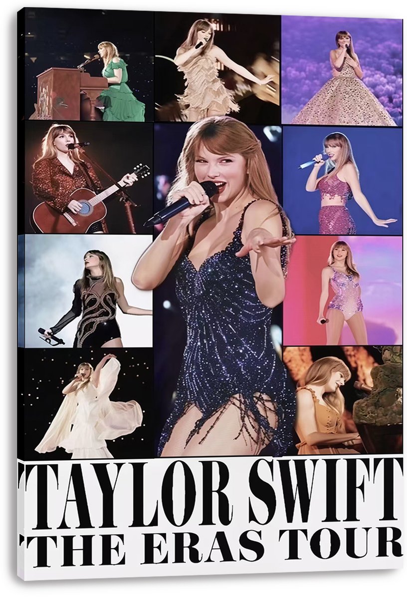 Taylor Swift Eras Tour canvas wall art print featuring a central navy sequined performance look surrounded by nine concert scenes.