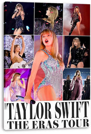 Taylor Swift The Eras Tour canvas wall art print featuring a central silver bodysuit portrait surrounded by concert performance panels.