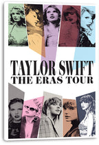 Taylor Swift canvas wall art print featuring a collage of pastel and monochrome portraits with large The Eras Tour text.