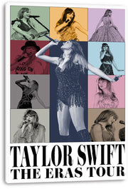Taylor Swift canvas wall art print presents a colorful grid of performance portraits around a central singer and bold Eras Tour lettering.
