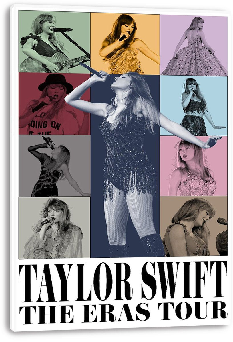 Taylor Swift canvas wall art print presents a colorful grid of performance portraits around a central singer and bold Eras Tour lettering.