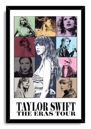 Taylor Swift framed wall art print displays a pop-art portrait collage with a black frame and The Eras Tour lettering.