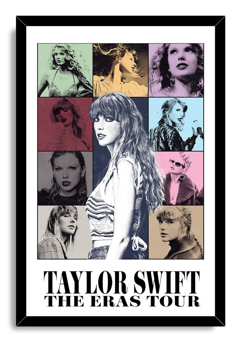 Taylor Swift framed wall art print displays a pop-art portrait collage with a black frame and The Eras Tour lettering.