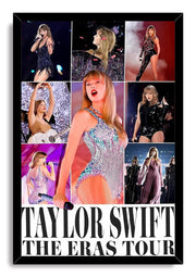 Taylor Swift The Eras Tour framed wall art print with a black frame, concert collage, colorful costumes, and large title lettering.