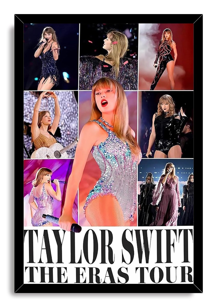 Taylor Swift The Eras Tour framed wall art print with a black frame, concert collage, colorful costumes, and large title lettering.