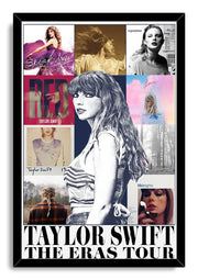 Taylor Swift framed wall art print with album-era collage panels, central portrait, black frame, and The Eras Tour title.