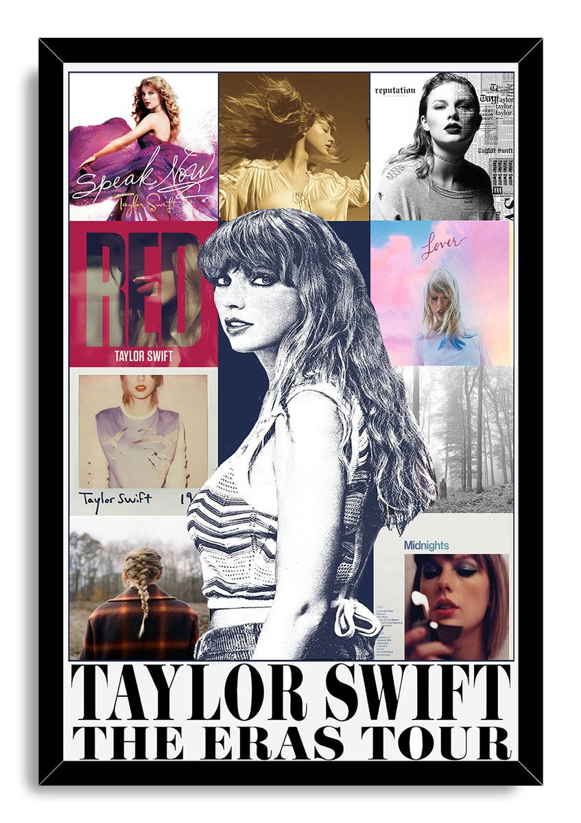 Taylor Swift framed wall art print with album-era collage panels, central portrait, black frame, and The Eras Tour title.