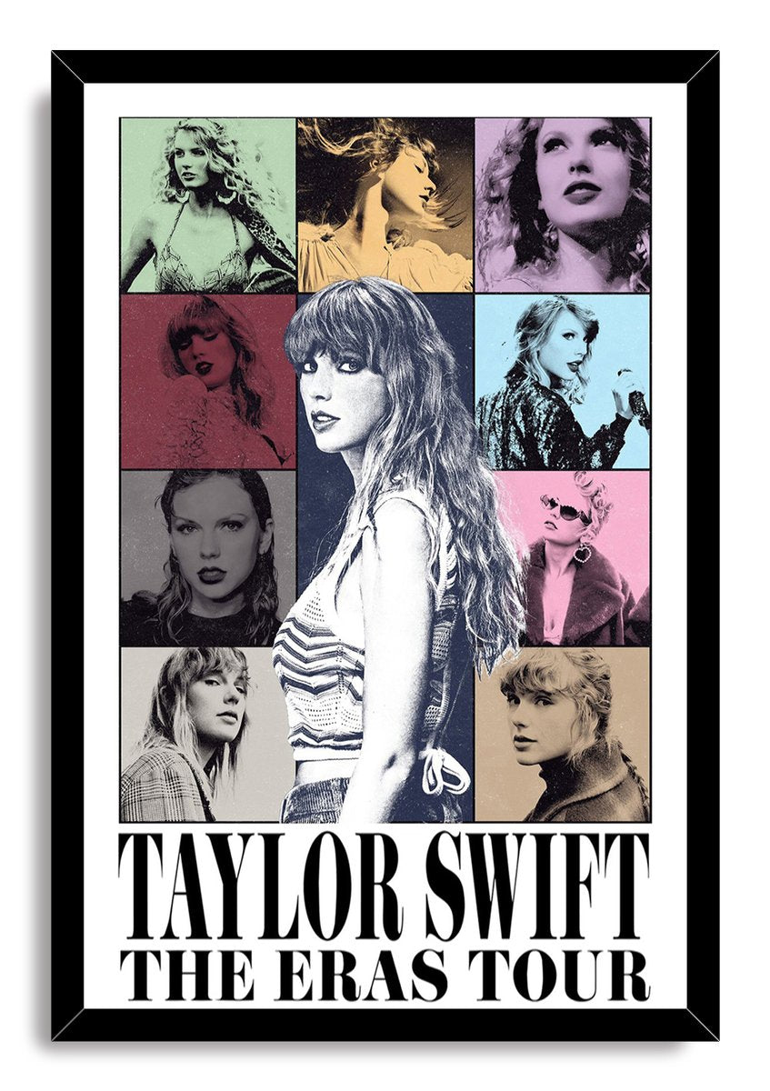 Taylor Swift framed wall art print presents a multicolor portrait collage with bold Taylor Swift The Eras Tour typography.