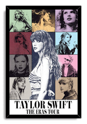 Taylor Swift framed wall art print with a black border, colorful portrait grid, and bold The Eras Tour lettering.