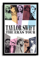 Taylor Swift framed wall art print in a black frame, with ten stylized portraits and bold The Eras Tour typography.