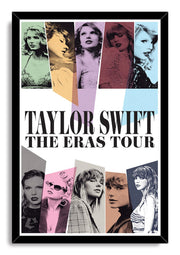 Taylor Swift framed wall art print in a black frame, with ten stylized portraits and bold The Eras Tour typography.