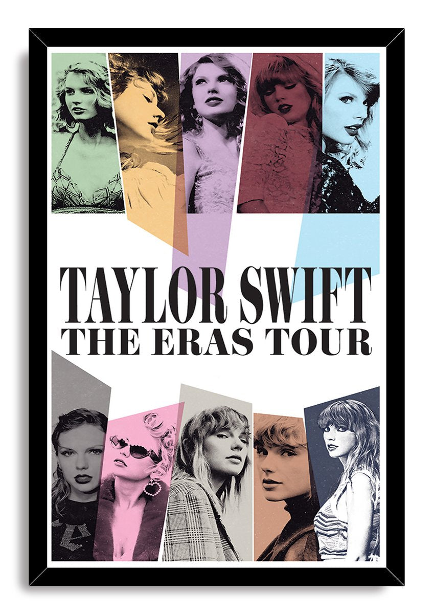 Taylor Swift framed wall art print in a black frame, with ten stylized portraits and bold The Eras Tour typography.