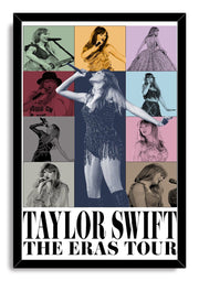 Taylor Swift framed wall art print displays a pastel concert-photo collage, central microphone pose, and black The Eras Tour typography.