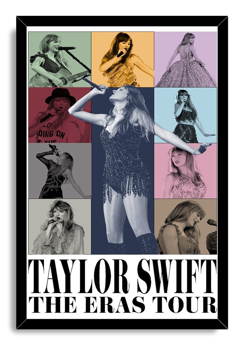Taylor Swift framed wall art print displays a pastel concert-photo collage, central microphone pose, and black The Eras Tour typography.