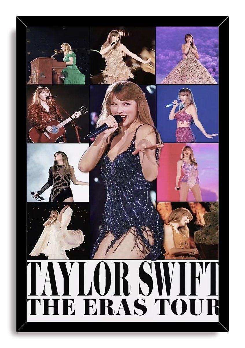 Taylor Swift Eras Tour framed wall art print with a black border, concert collage, microphones, piano, guitar, and title lettering.
