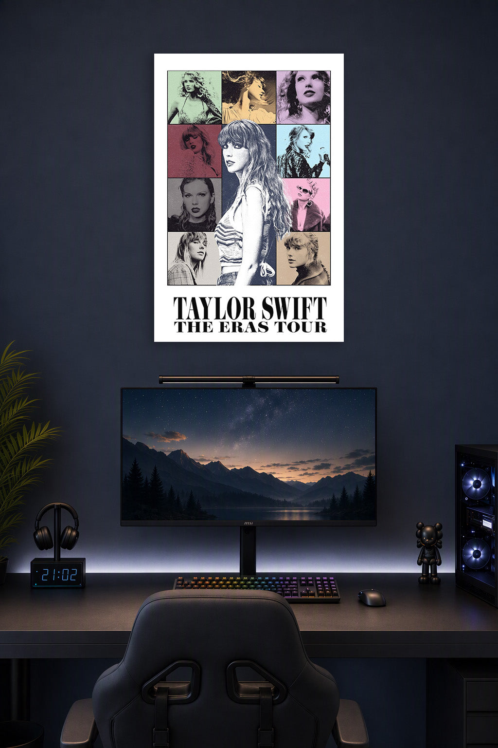 Taylor Swift The Eras Tour in a gaming desk setup above a monitor.