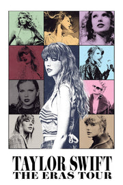 Taylor Swift poster features a central black-and-white portrait surrounded by colorful era-style panels and bold tour text.