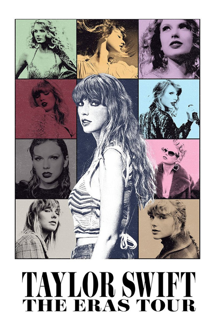 Taylor Swift poster features a central black-and-white portrait surrounded by colorful era-style panels and bold tour text.