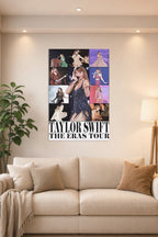 Taylor Swift The Eras Tour in a bright living room above a beige sofa.