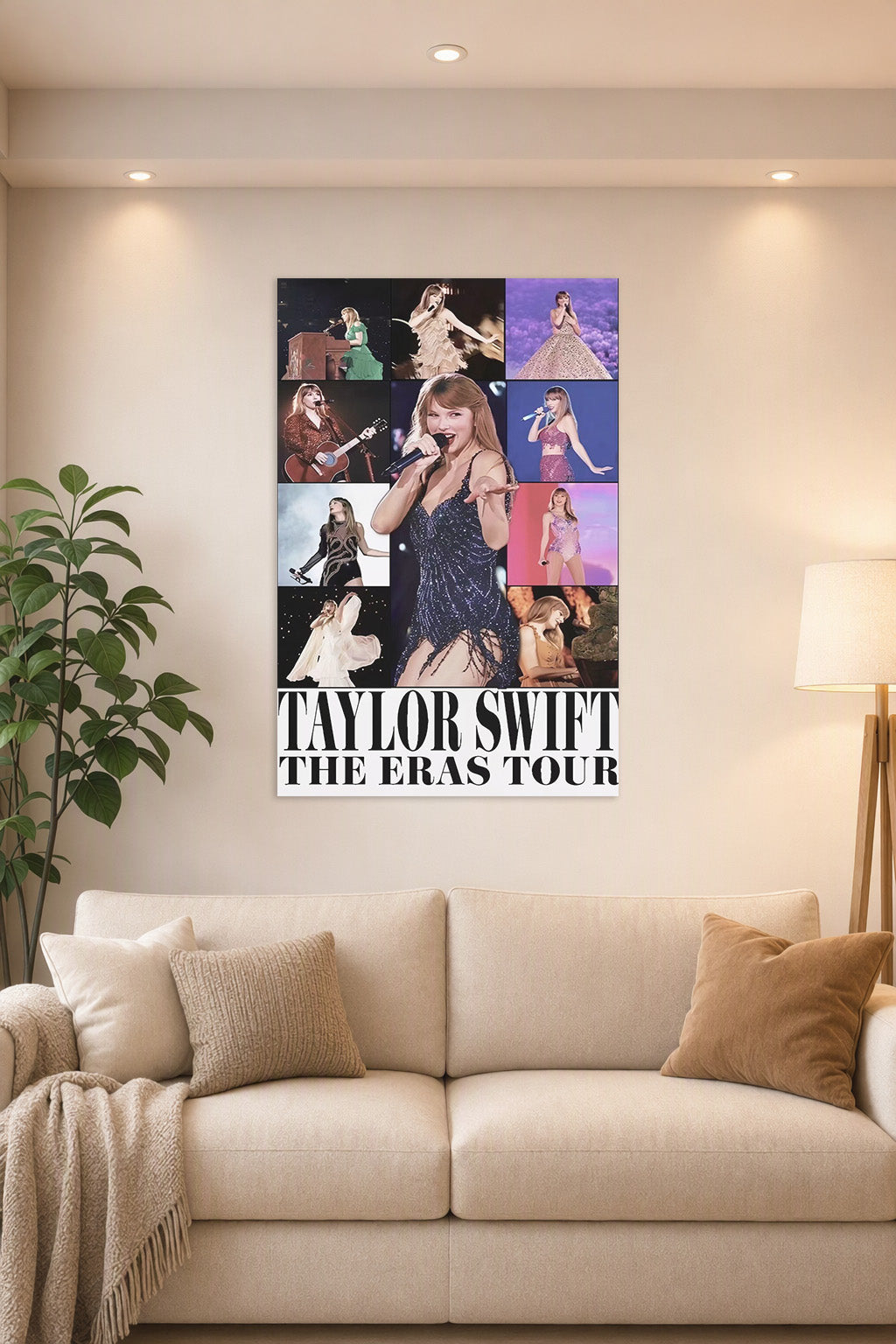 Taylor Swift The Eras Tour in a bright living room above a beige sofa.