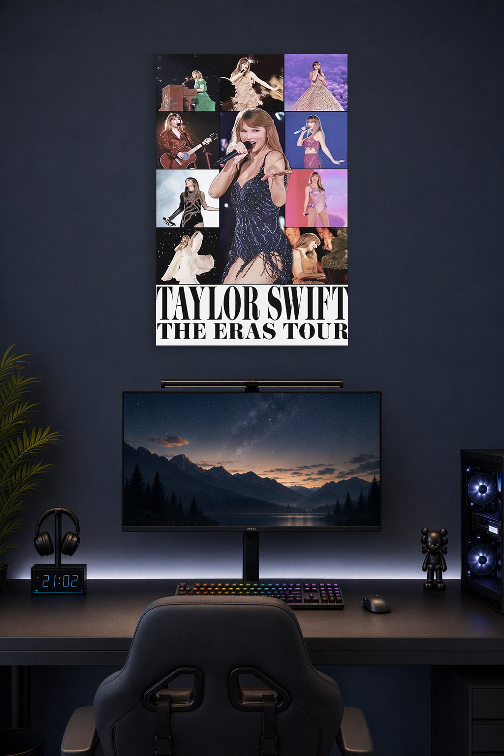 Taylor Swift The Eras Tour in a gaming desk setup above a monitor.