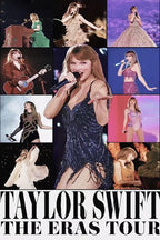 Taylor Swift Eras Tour poster collage with concert portraits, colorful stage outfits, piano, guitar, and bold black title text.