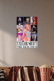 Taylor Swift The Eras Tour in a cozy movie room above a brown sofa with popcorn.