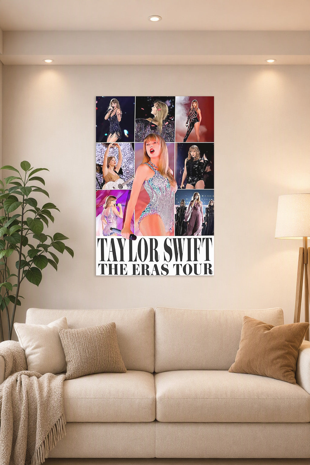 Taylor Swift The Eras Tour in a bright living room above a beige sofa.