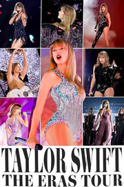Taylor Swift The Eras Tour poster collage with seven stage performance scenes, sparkling costumes, microphones, and bold black title text.
