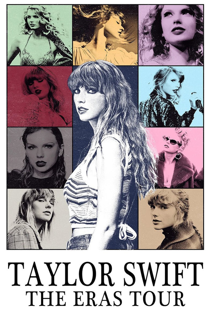 Taylor Swift The Eras Tour poster features a central portrait surrounded by nine colorful era-style panels and bold title text.