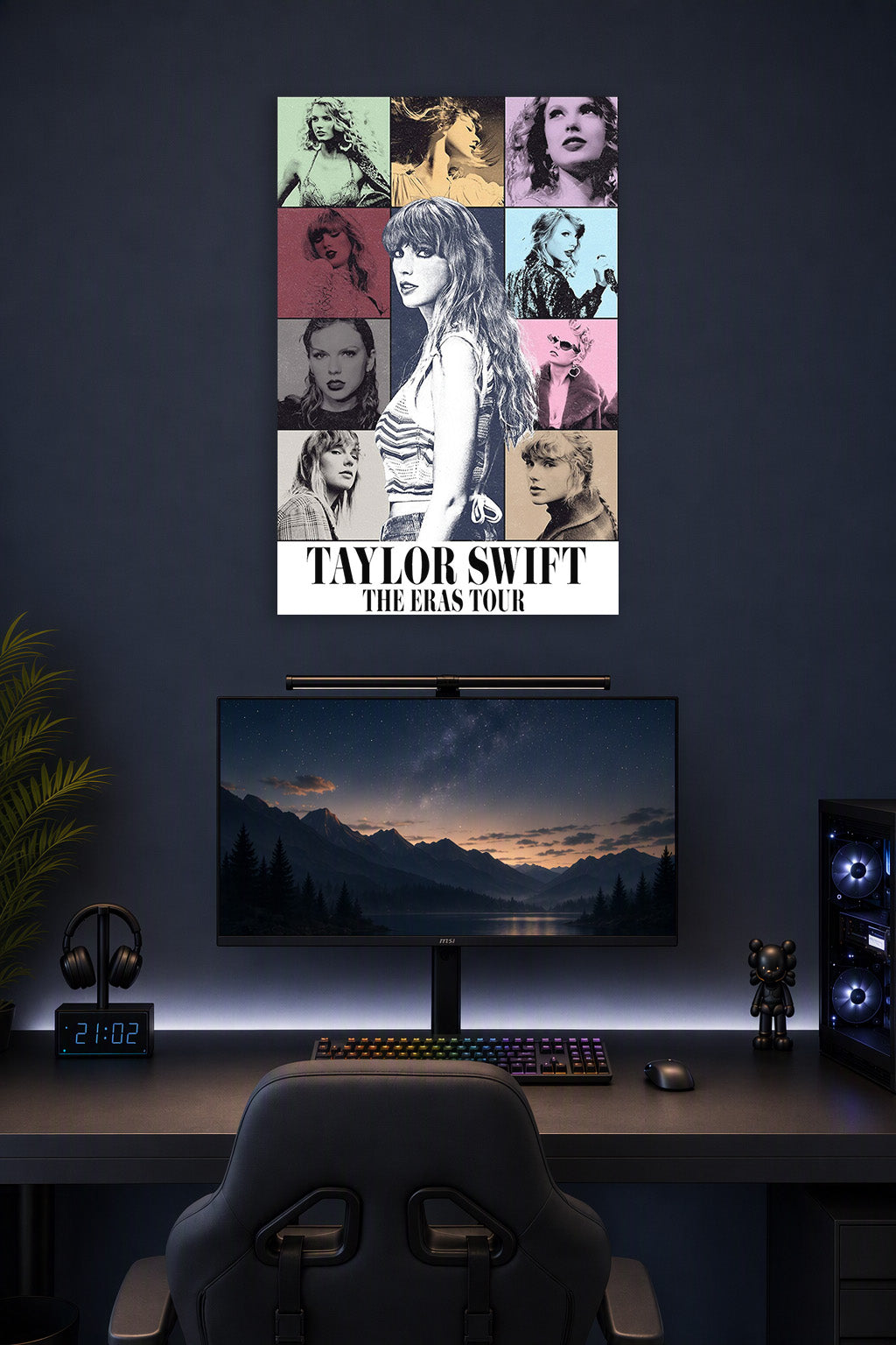 Taylor Swift The Eras Tour in a gaming desk setup above a monitor.