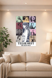 Taylor Swift The Eras Tour in a bright living room above a beige sofa.