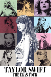 Taylor Swift poster with a central black-and-white portrait, eight colorful era portraits, and The Eras Tour text.