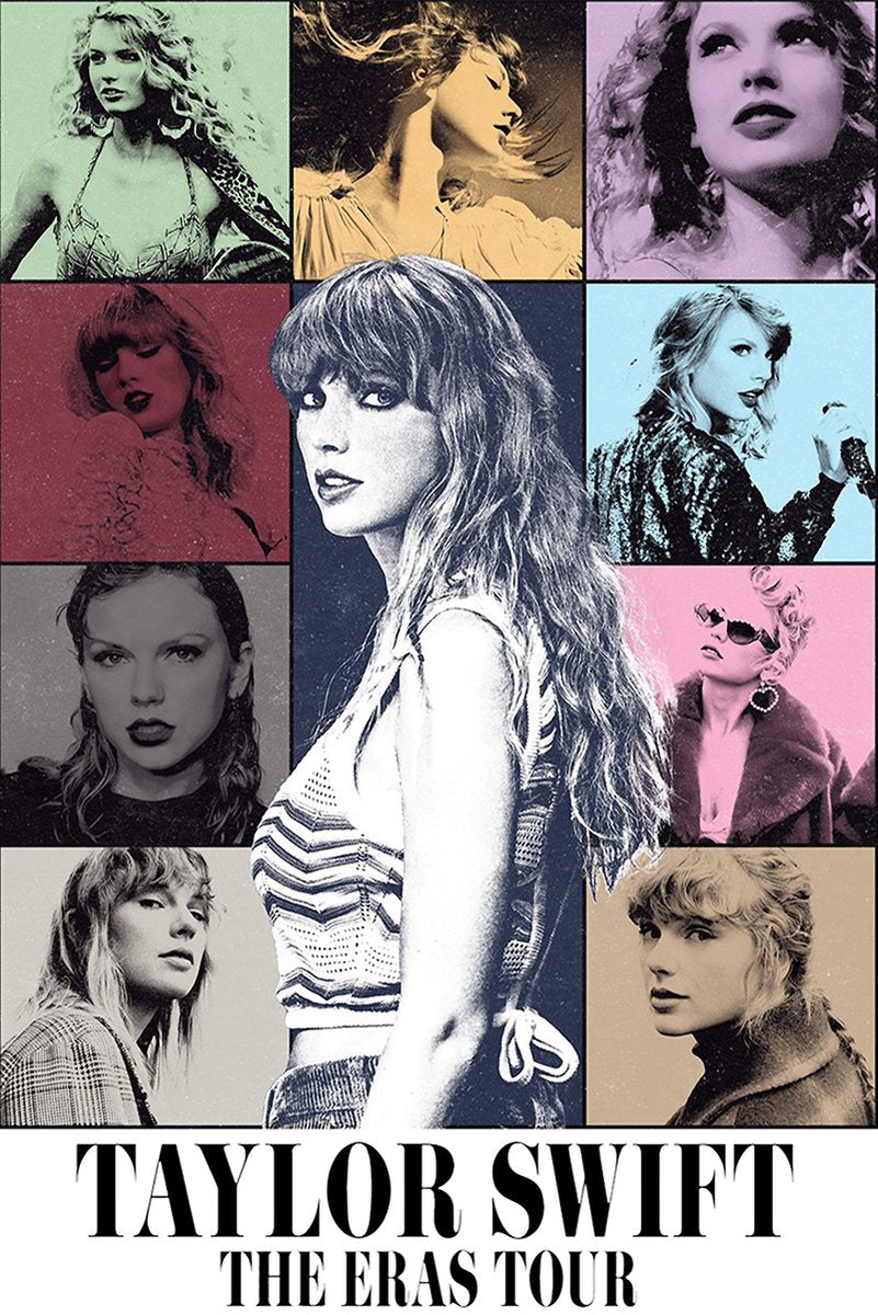 Taylor Swift poster with a central black-and-white portrait, eight colorful era portraits, and The Eras Tour text.