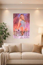 Taylor Swift The Eras Tour in a bright living room above a beige sofa.