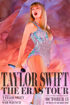 Taylor Swift The Eras Tour poster featuring the singer in a jeweled pastel bodysuit with a microphone against pink clouds.