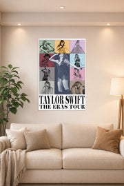 Taylor Swift The Eras Tour in a bright living room above a beige sofa.