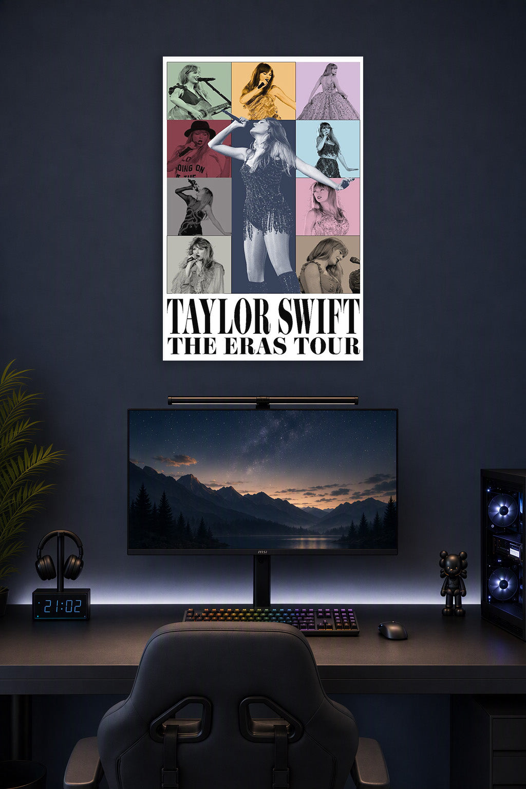 Taylor Swift The Eras Tour in a gaming desk setup above a monitor.