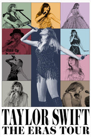 Taylor Swift poster features a nine-panel pastel concert collage with singing poses, guitar, gowns, and The Eras Tour text.