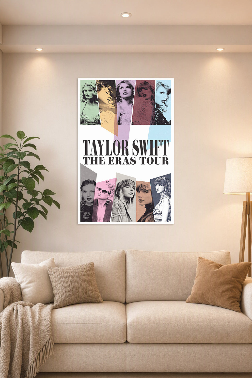 Taylor Swift The Eras Tour in a bright living room above a beige sofa.