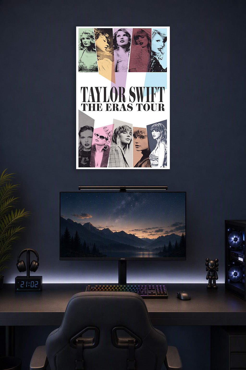 Taylor Swift The Eras Tour in a gaming desk setup above a monitor.