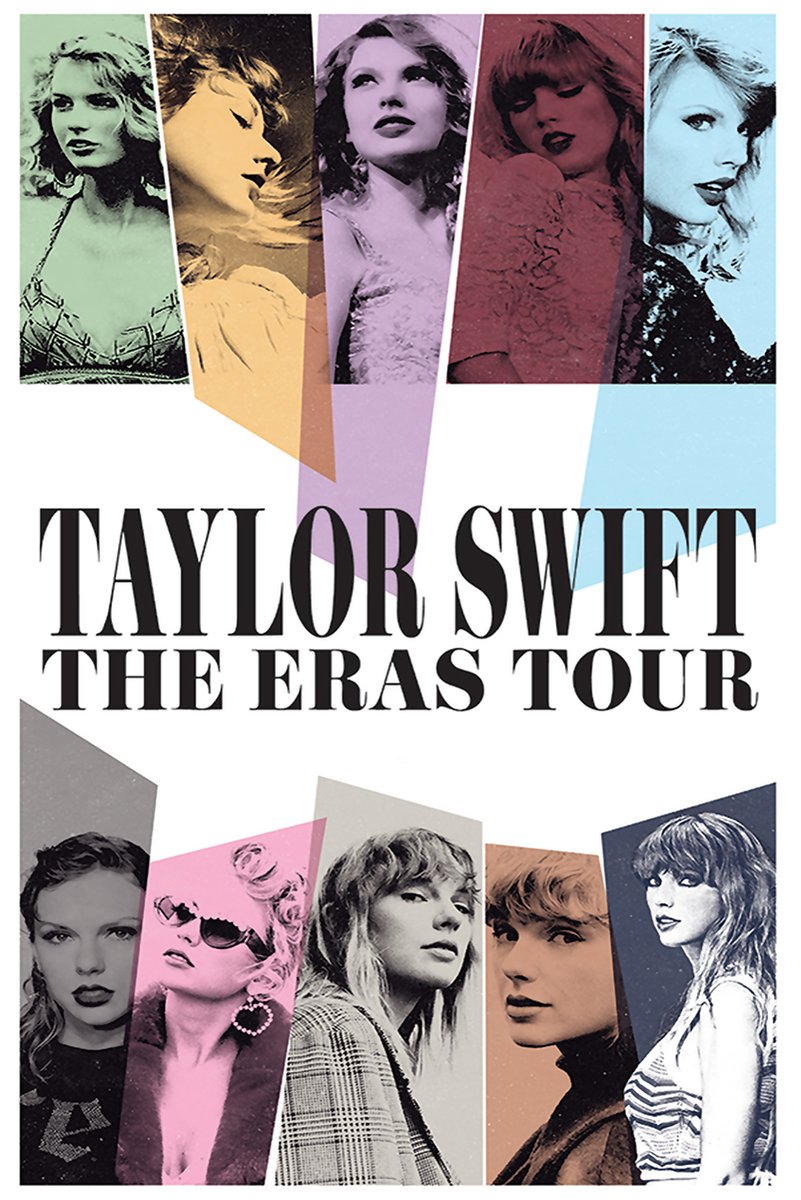 Taylor Swift poster with ten color-tinted portraits in angular panels surrounding bold black The Eras Tour lettering.