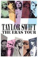 Taylor Swift poster with ten color-tinted portraits in angular panels surrounding bold black The Eras Tour lettering.
