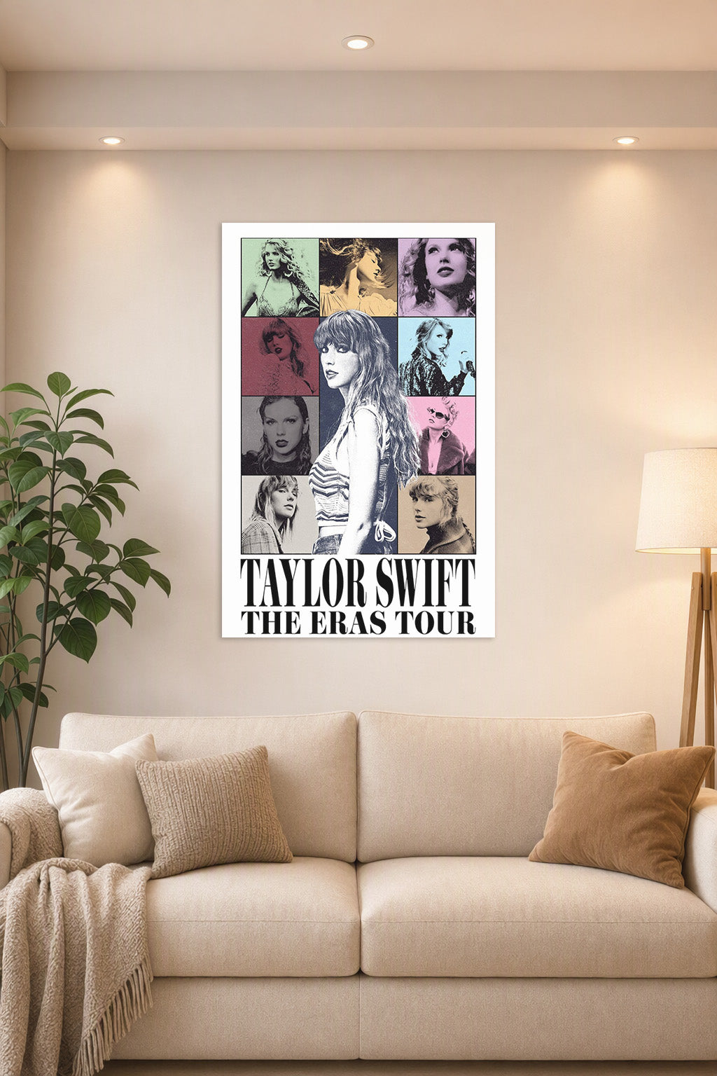 Taylor Swift The Eras Tour in a bright living room above a beige sofa.