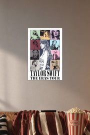 Taylor Swift The Eras Tour in a cozy movie room above a brown sofa with popcorn.