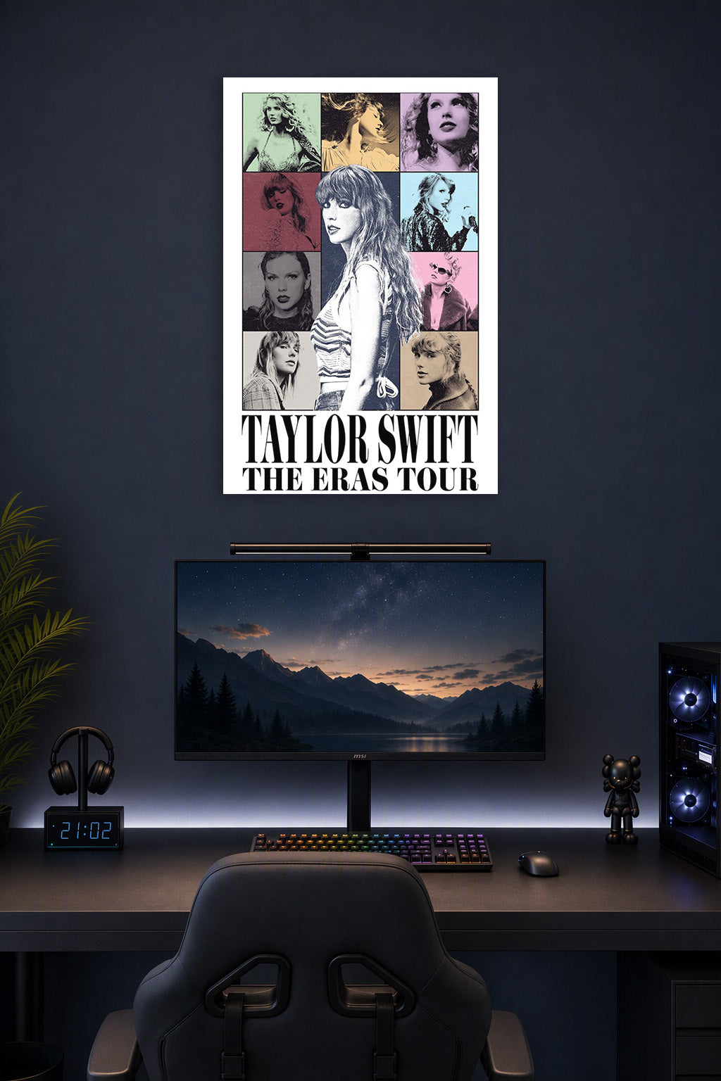 Taylor Swift The Eras Tour in a gaming desk setup above a monitor.