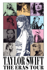 Taylor Swift poster features a central black-and-white portrait surrounded by colorful era panels and The Eras Tour text.